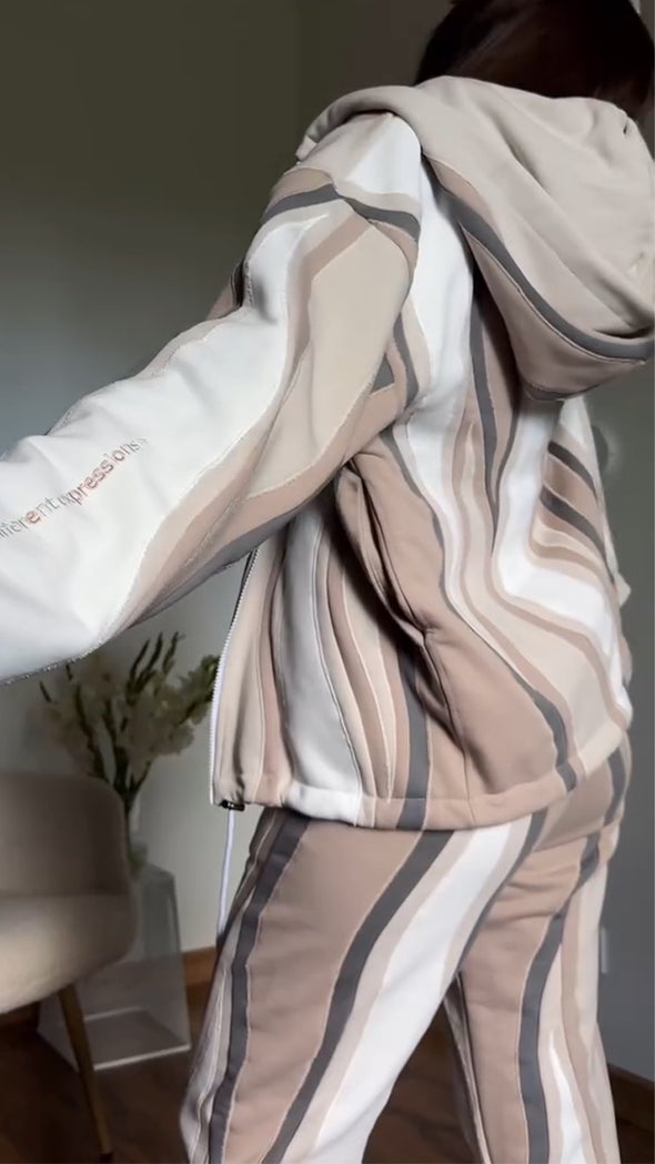 Women Wavy Patterned Jacket + Pants Casual Suit