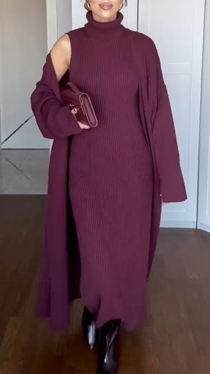 Women High-neck Knitted Dress + Cardigan Solid Color Temperament Casual Suit