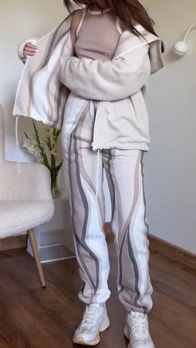 Women Wavy Patterned Jacket + Pants Casual Suit