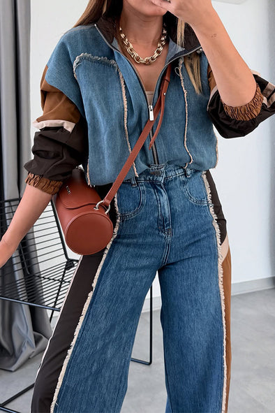 Women Fashion Denim Stitching Contrast Jacket + Jeans Suit