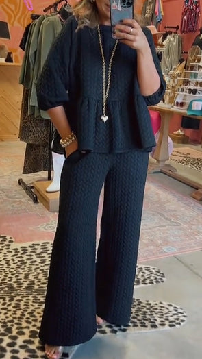 Women Round Neck Solid Color Casual Suit