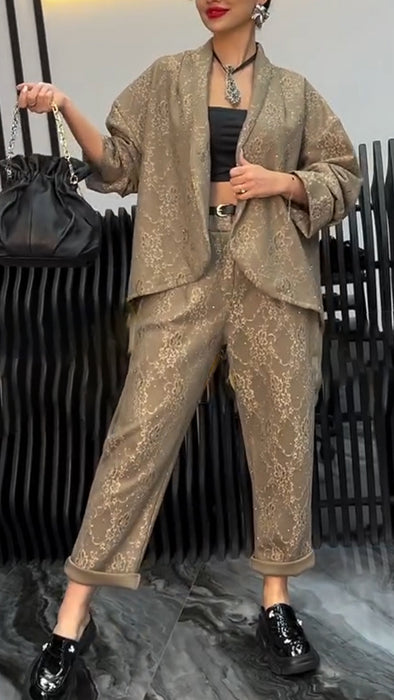 Women Lapel Printed Jacket + Pants Temperament Commuter Suit