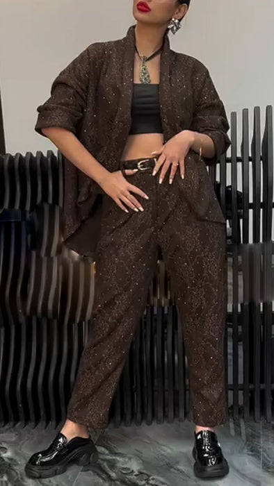 Women Lapel Jacket + Pants Hot Diamond Casual Suit