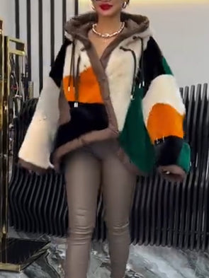 Women Contrasting Plush Casual Coat