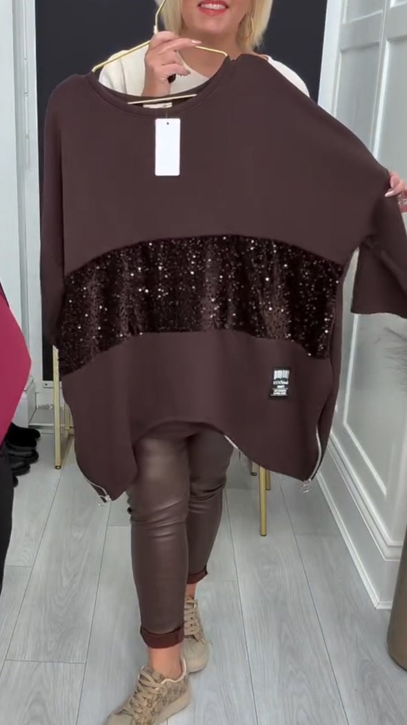 Women Round Neck Patchwork Sequined Casual Top