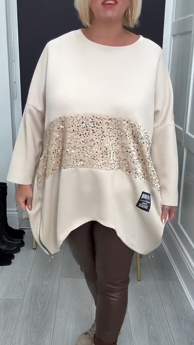 Women Round Neck Patchwork Sequined Casual Top