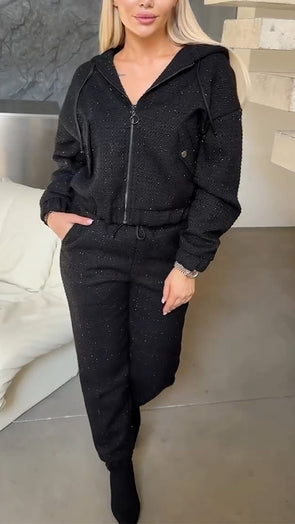Women Hot Diamond Jacket + Pants Solid Color Casual Suit