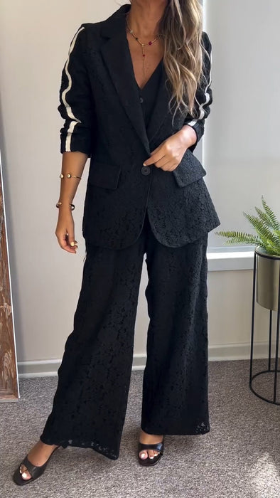 Women Lapel Printed Vertical Stripes Temperament Commuter Suit