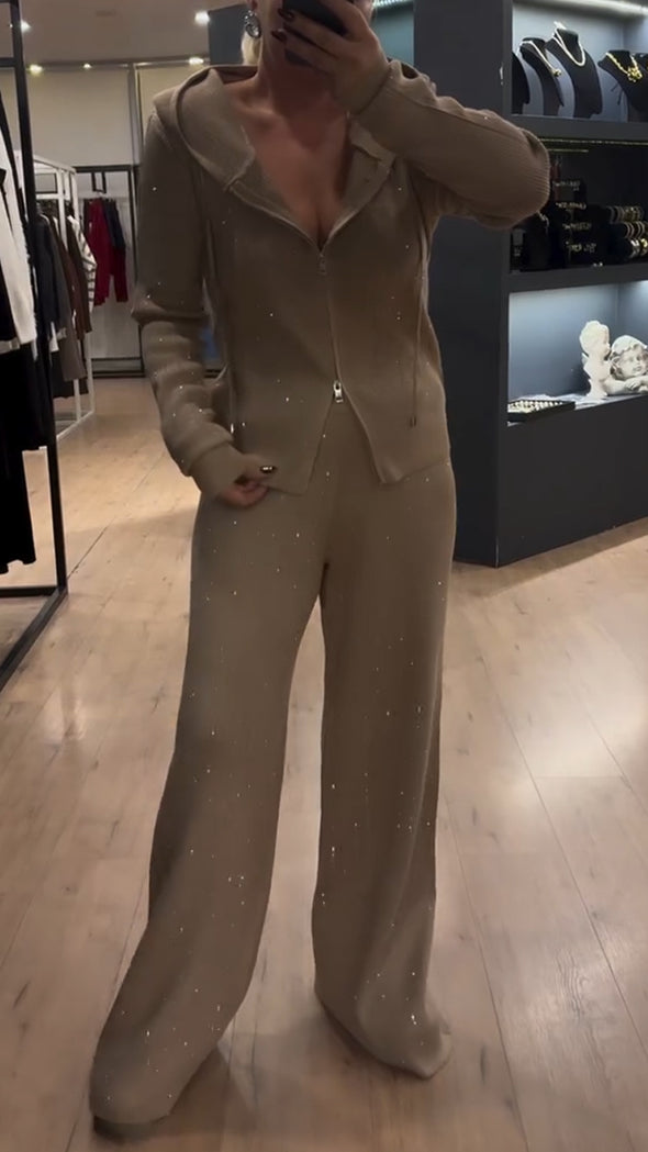 Women Round Neck Hooded Jacket + Pants Sequined Casual Set