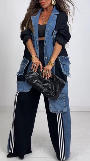 Women Lapel Denim Patchwork Jacket + Pants Casual Suit