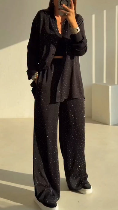 Women Lapel Rhinestone Casual Suit