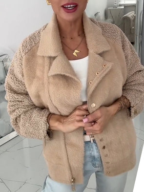 Women Lapel Stitching Plush Casual Jacket