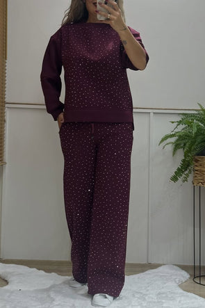 Women Round Neck Rhinestone Casual Suit