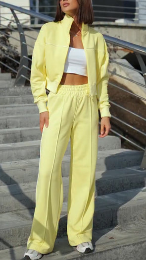 Women Stand Collar Jacket + Pants Solid Color Casual Suit