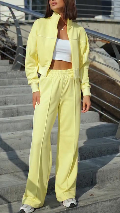 Women Stand Collar Jacket + Pants Solid Color Casual Suit