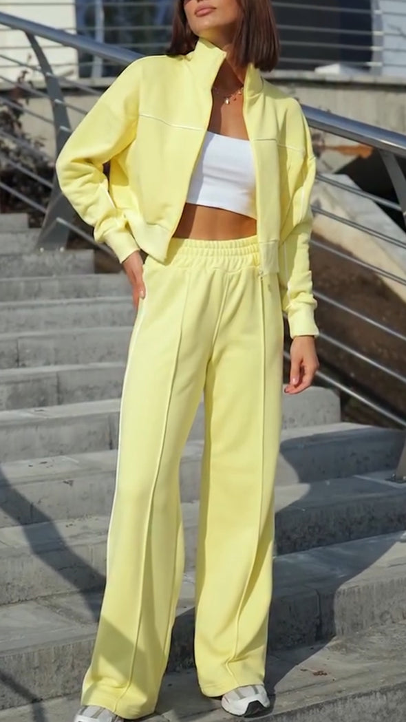 Women Stand Collar Jacket + Pants Solid Color Casual Suit