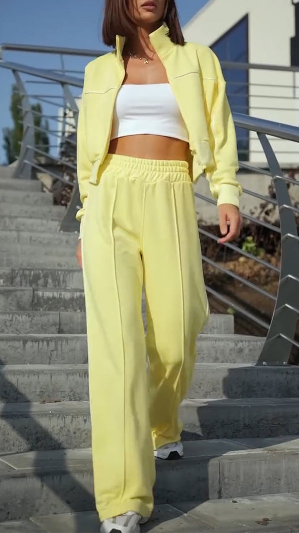 Women Stand Collar Jacket + Pants Solid Color Casual Suit