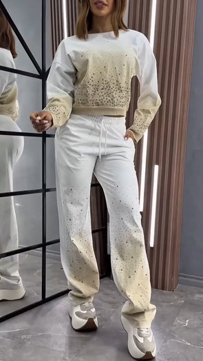 Women Round Neck Gradient Hot Diamond Casual Suit