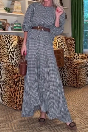Women Round Neck Tie Plaid Top + Irregular Fishtail Skirt Set
