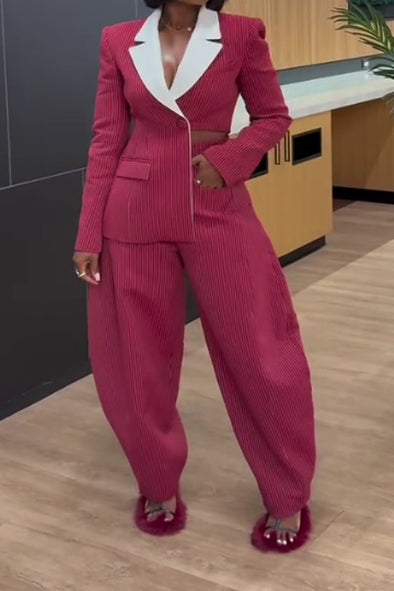 Women Fashion Corduroy Contrast Color Suit + Oversized Pants Suit