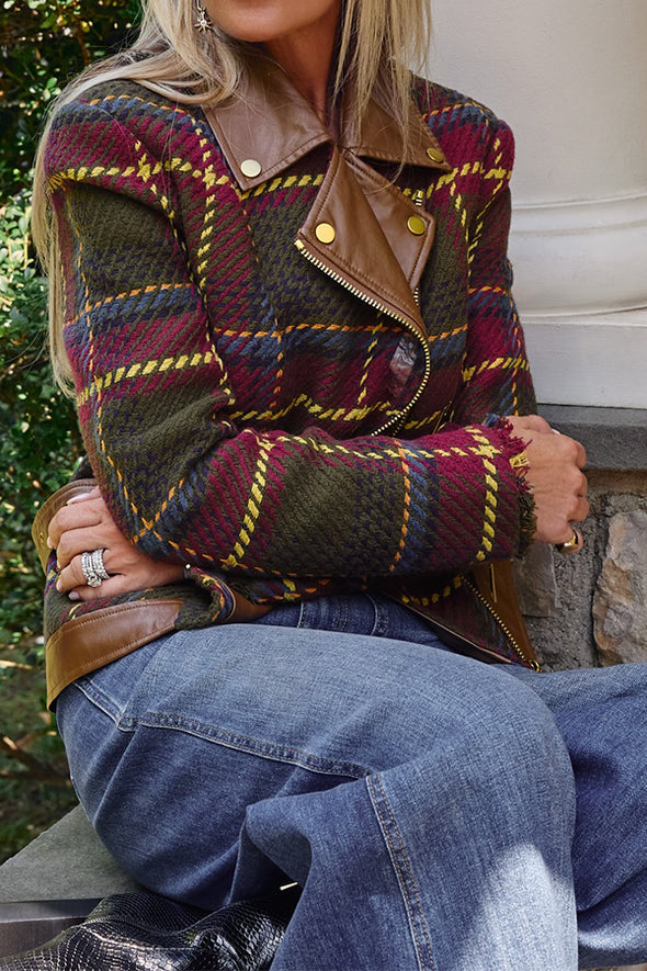 Women Vintage Plaid Lace-Up Leather Panel Jacket