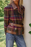 Women Vintage Plaid Lace-Up Leather Panel Jacket