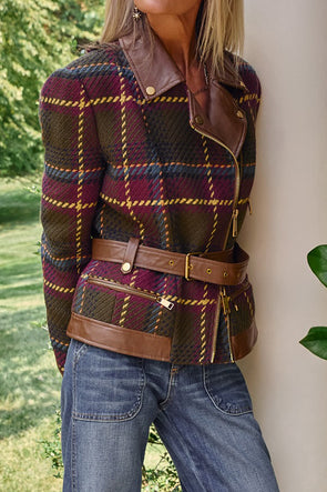 Women Vintage Plaid Lace-Up Leather Panel Jacket