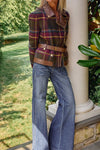 Women Vintage Plaid Lace-Up Leather Panel Jacket
