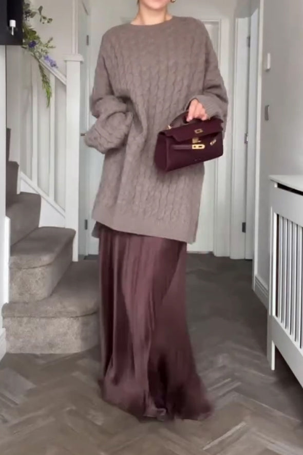 Women Classic Cable Loose Sweater + Pleated Skirt Suit