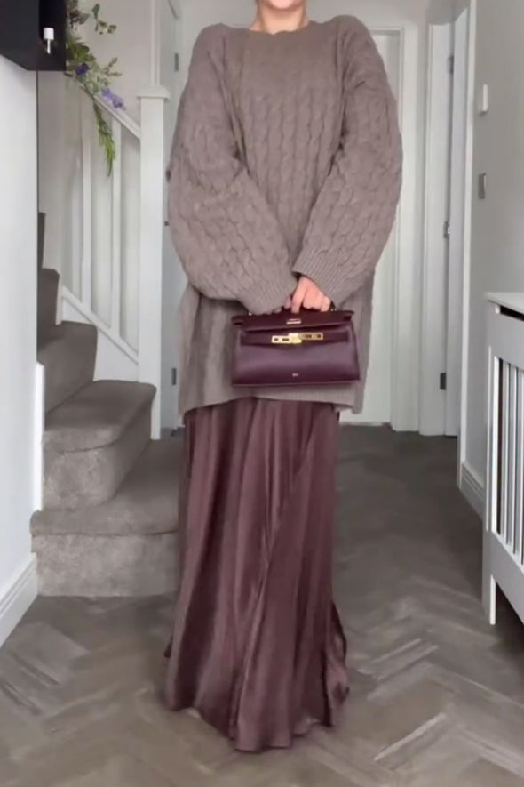 Women Classic Cable Loose Sweater + Pleated Skirt Suit