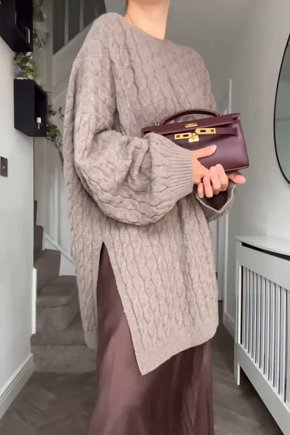 Women Classic Cable Loose Sweater + Pleated Skirt Suit
