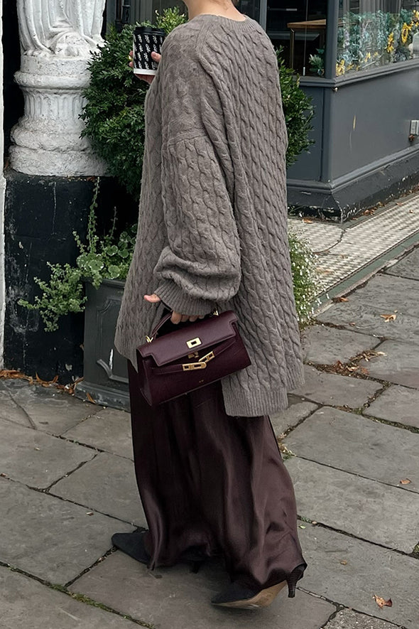 Women Classic Cable Loose Sweater + Pleated Skirt Suit