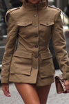 Women Simple Retro Large Pocket Work Windbreaker Jacket