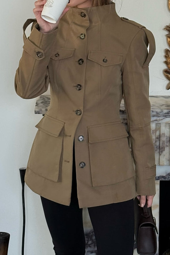 Women Simple Retro Large Pocket Work Windbreaker Jacket