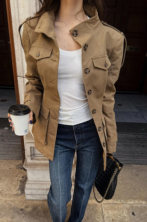 Women Simple Retro Large Pocket Work Windbreaker Jacket