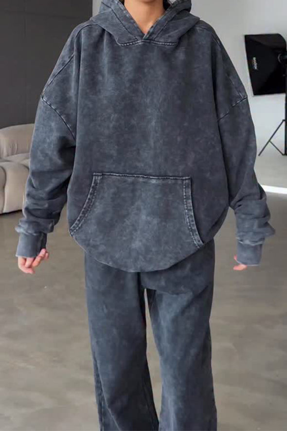 Women Simple Color-Coated Hooded Pullover Sweatshirt + Pants Suit