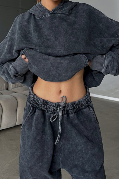 Women Simple Color-Coated Hooded Pullover Sweatshirt + Pants Suit