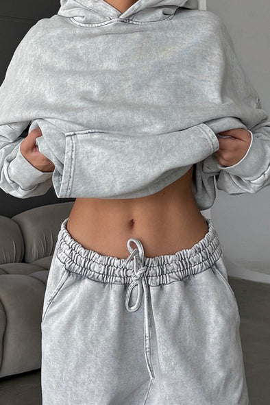Women Simple Color-Coated Hooded Pullover Sweatshirt + Pants Suit