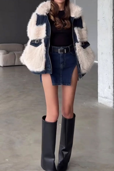 Women Casual Denim Panel Plush Jacket+Denim Skirt