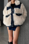 Women Casual Denim Panel Plush Jacket+Denim Skirt