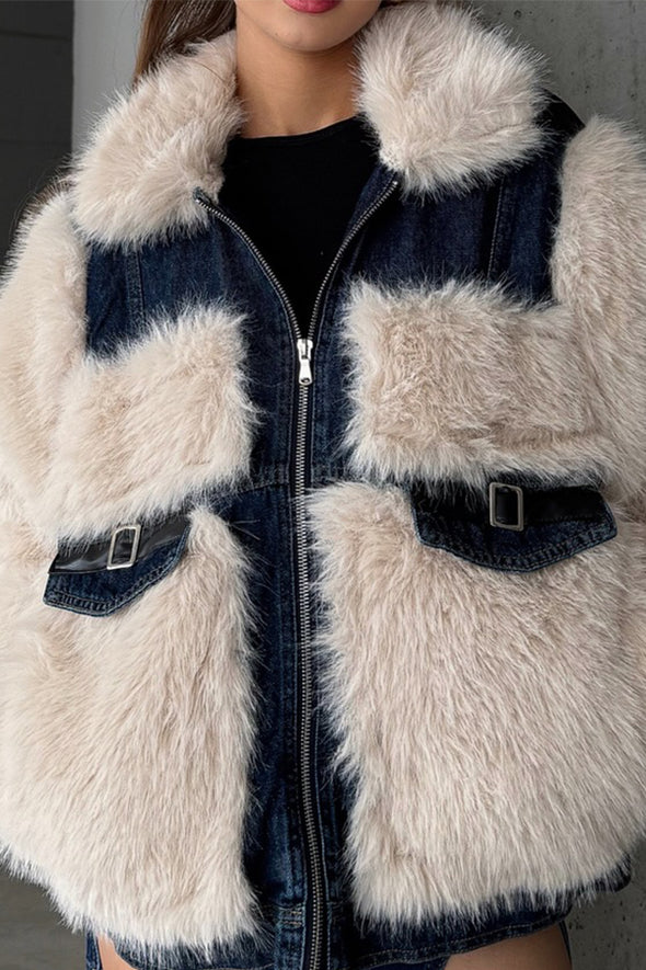 Women Casual Denim Panel Plush Jacket+Denim Skirt