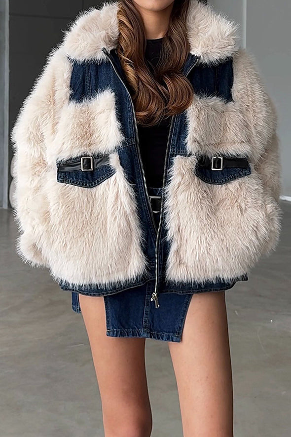Women Casual Denim Panel Plush Jacket+Denim Skirt