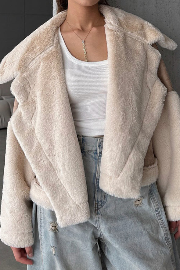 Women Casual Plush Paneled Large Lapel Short Jacket