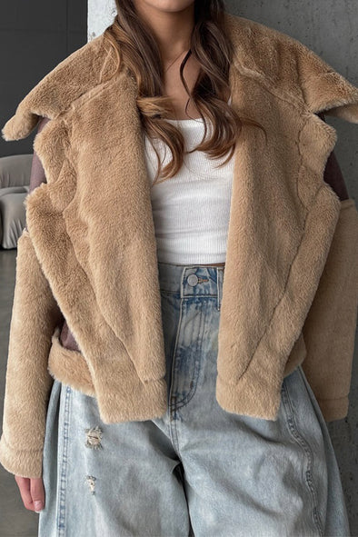 Women Casual Plush Paneled Large Lapel Short Jacket