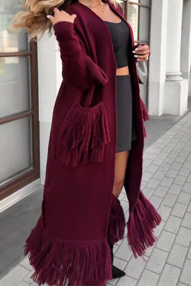 Womens Casual Tassel Pocket Hem Long Knit Cardigan