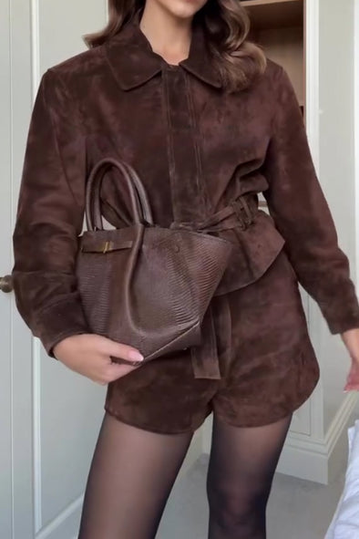 Women Casual Suede Lapel Tie Short Jacket + Shorts Suit