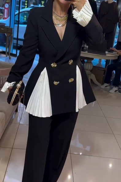 Women Elegant Office Slit Pleated Suit + Pants Suit