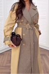 Womens Casual Plaid Contrast Color Panel Long Trench Coat