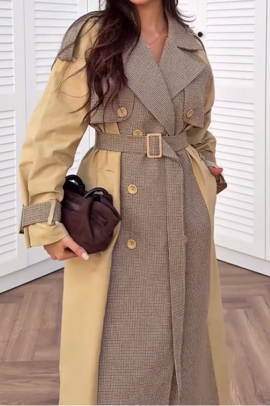 Womens Casual Plaid Contrast Color Panel Long Trench Coat