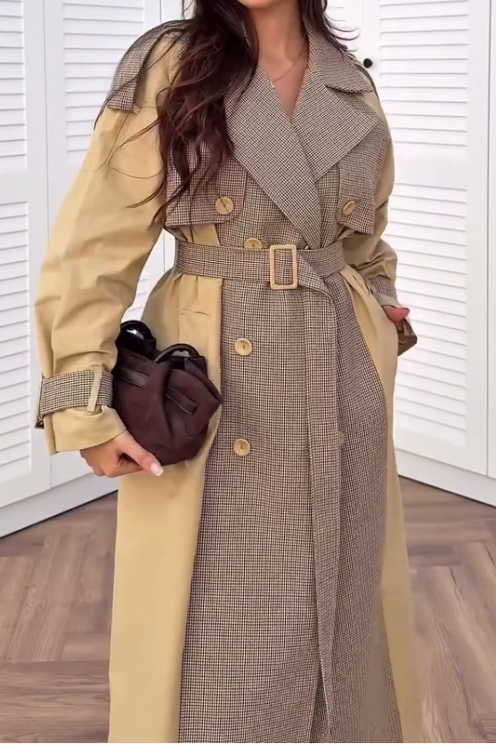 Womens Casual Plaid Contrast Color Panel Long Trench Coat